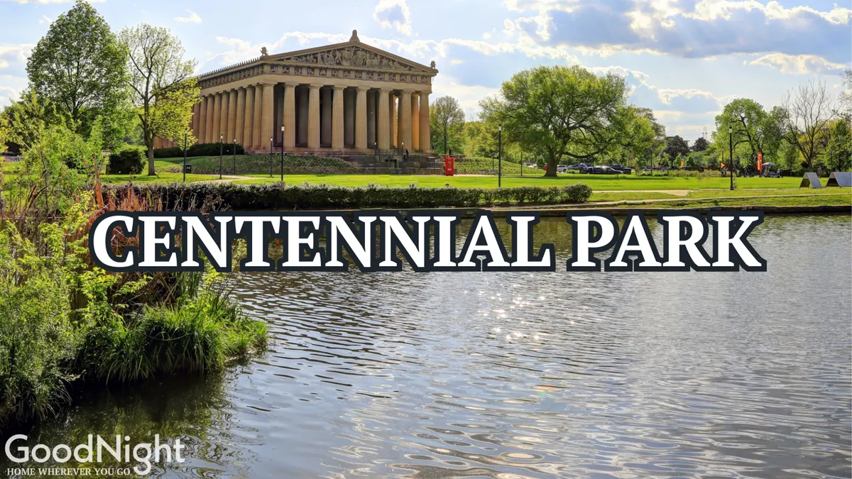 The image showcases The Parthenon in Centennial Park, surrounded by lush greenery and a tranquil pond. Families and groups can be seen enjoying the open space, with opportunities for walking, picnicking, and photography. The iconic Parthenon structure provides a cultural and recreational focal point, making it a popular local attraction.