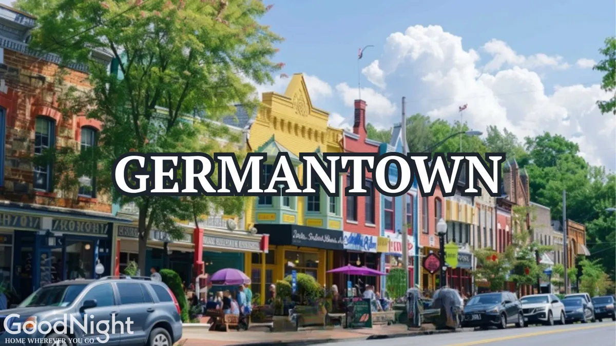 Colorful storefronts line a busy street where people are strolling and enjoying outdoor seating at various cafes and shops. The vibe is lively, social, and full of local character, emblematic of creative neighborhoods like The Gulch and Germantown.