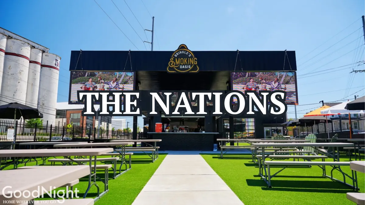 An exterior shot of a popular Nashville venue featuring a lively outdoor seating area, bright green turf, large screens displaying images, and groups of people enjoying themselves. The atmosphere feels communal and festive, perfect for gatherings and social events.